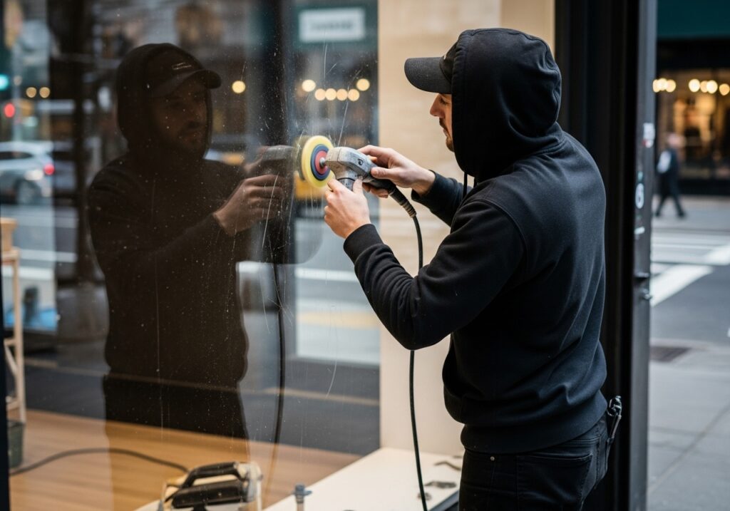 A technician in a black hoodie and cap using a power tool to repair a glass window on a commercial storefront in New York City.