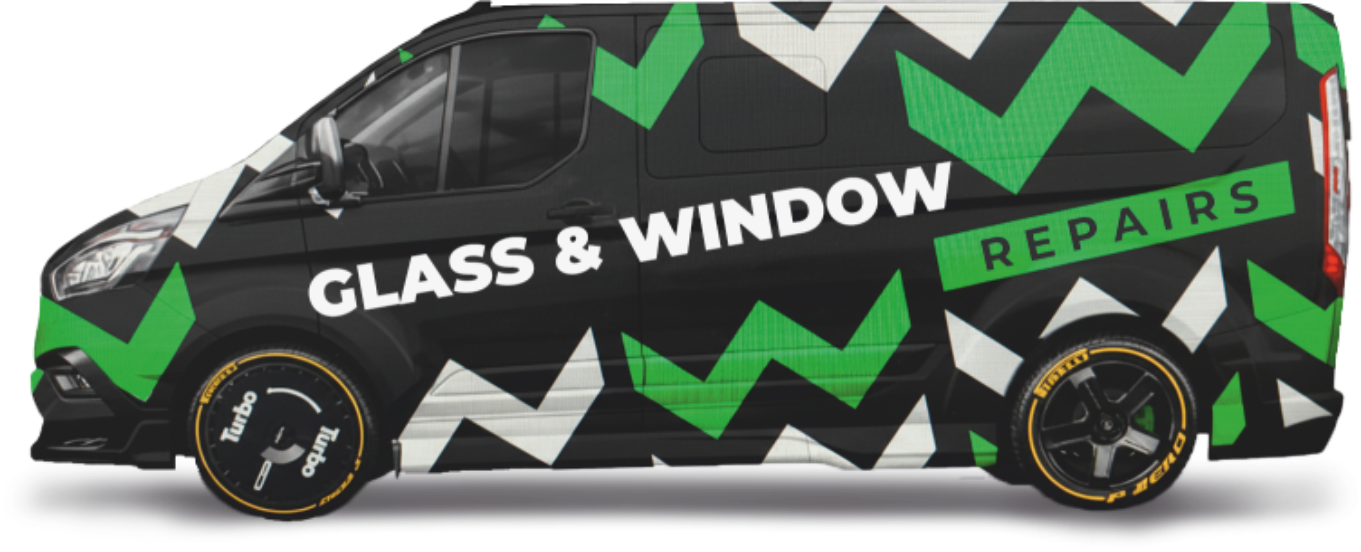 A black service van wrapped with the Glass & Window Repair NYC logo and green zigzag pattern branding.